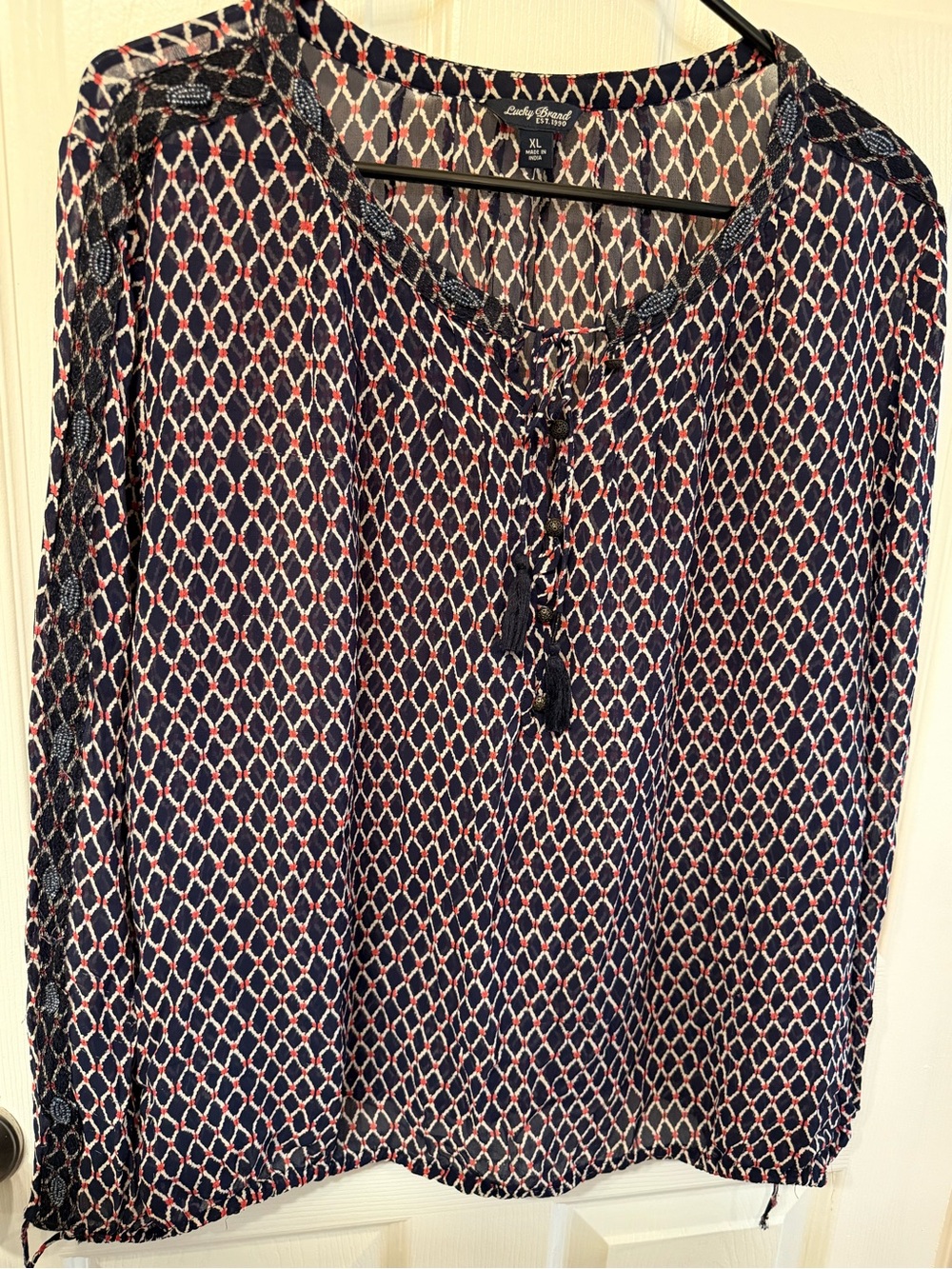 Lucky Brand Boho Geometric Diamond
Tassel Sheer Peasant Blouse - Size XL. EUC - Picture 2 of 12